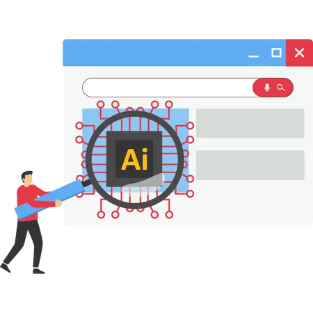 인공지능 브라우저 옆에 돋보기를 들고 서 있는 사업가  일러스트레이션