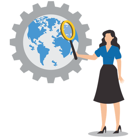 Businesswoman with magnifying glass analyzing business in global economy  Illustration