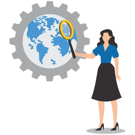 Businesswoman with magnifying glass analyzing business in global economy  Illustration