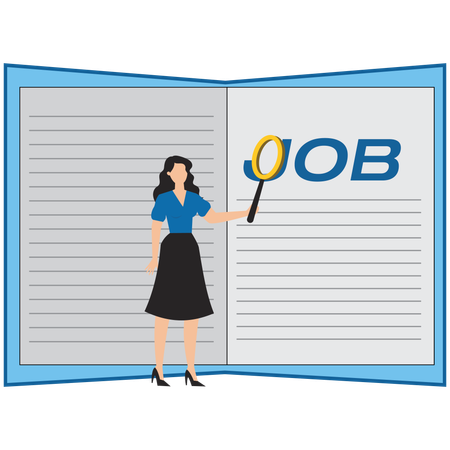 Businesswoman with magnifying glass finding job  Illustration