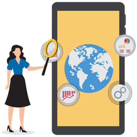 Businesswoman with magnifying glass on smartphone analyzing global business data  Illustration