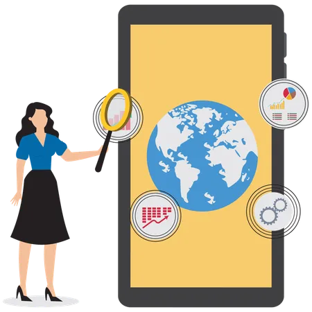 Businesswoman with magnifying glass on smartphone analyzing global business data  Illustration