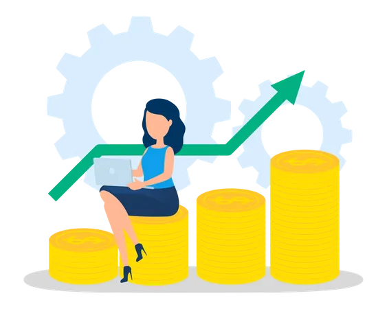 Business Woman With Money Happy Successfull Woman Sitting On The Pile Of Money Coin And Working On Laptop Computer Financial Well Being Isolated Vector Illustration In Cartoon Style Illustration