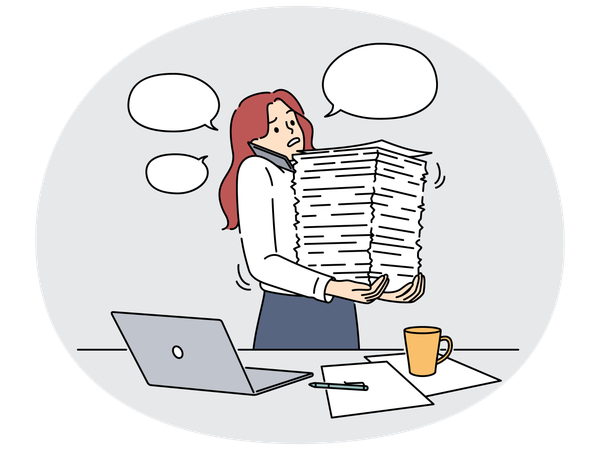 Businesswoman with paperwork stacks overwhelmed with work  Illustration