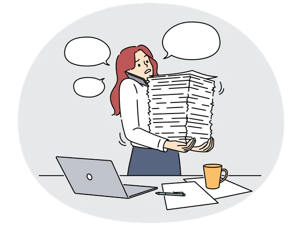 Businesswoman with paperwork stacks overwhelmed with work  Illustration