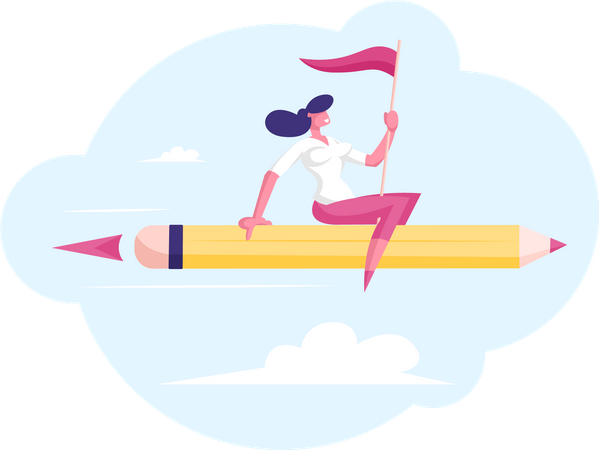 Businesswoman with Red Flag in Hand Flying on Pen Rocket Illustration