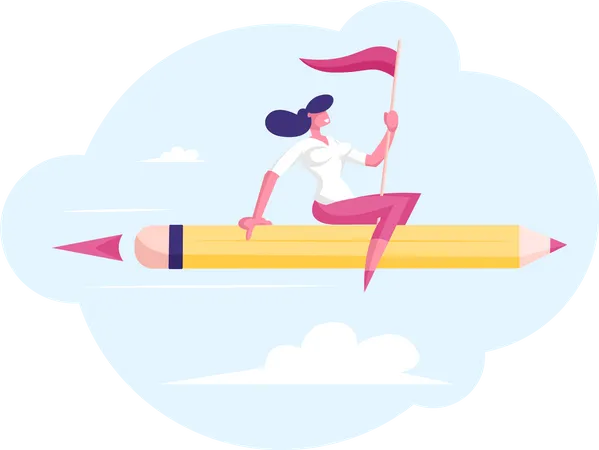 Businesswoman with Red Flag in Hand Flying on Pen Rocket Illustration