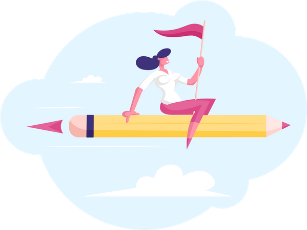 Businesswoman with Red Flag in Hand Flying on Pen Rocket  Illustration