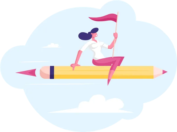 Businesswoman with Red Flag in Hand Flying on Pen Rocket  Illustration