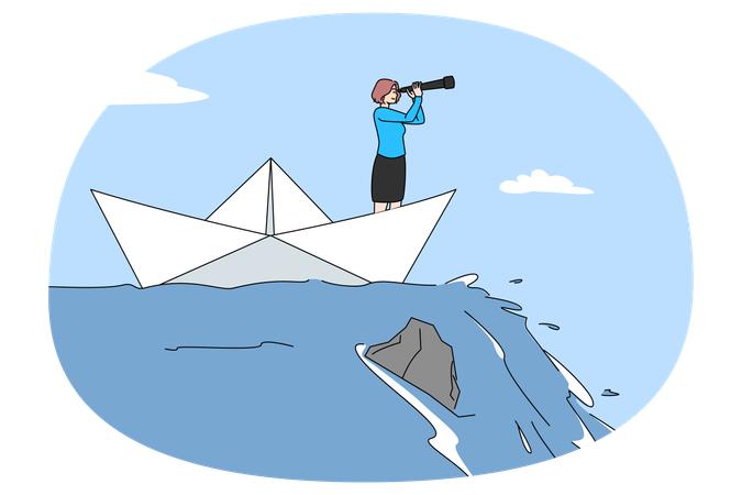 Businesswoman with spyglass in paper ship  Illustration