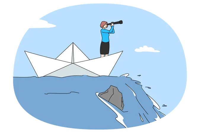 Businesswoman with spyglass in paper ship  Illustration