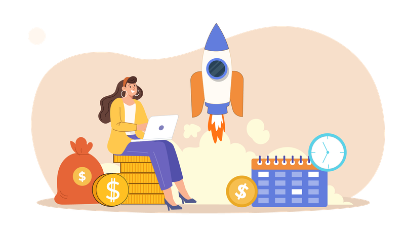 Businesswoman with successful startup launch  Illustration