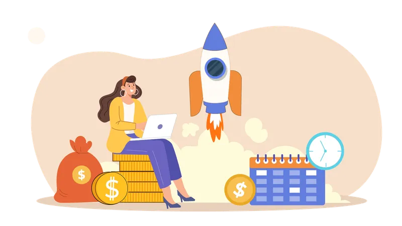 Businesswoman with successful startup launch  Illustration