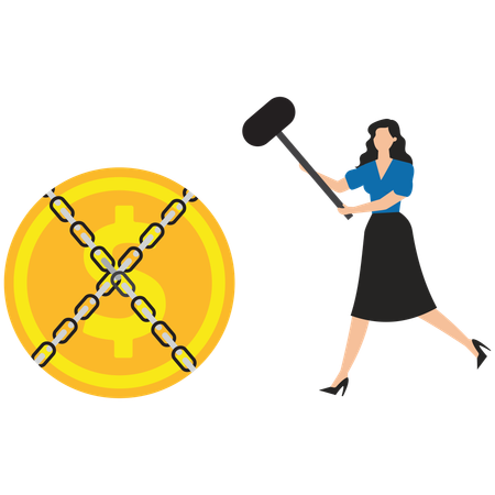 Businesswoman with sword trying to split shackles that hold dollar  Illustration