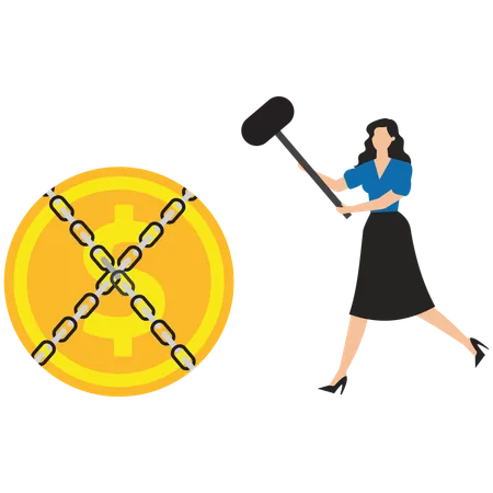 Businesswoman with sword trying to split shackles that hold dollar  Illustration