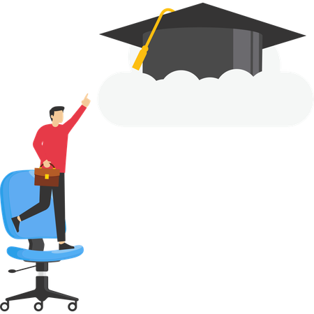 Businesswoman with too short ladder to reach high graduated mortarboard on the cloud  Illustration