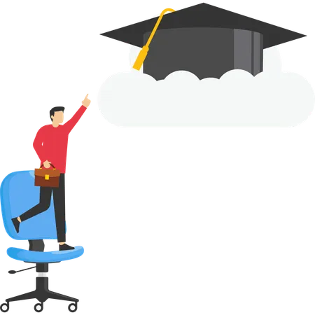 Businesswoman with too short ladder to reach high graduated mortarboard on the cloud  Illustration