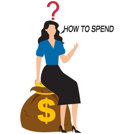 Businesswoman with wealth thinking about how to spend it  Illustration