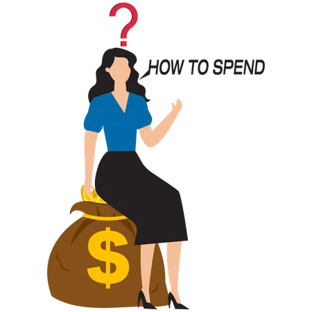 Businesswoman with wealth thinking about how to spend it  Illustration