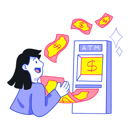 ATM からお金を引き出すビジネスウーマン  イラスト