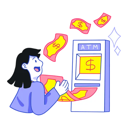 ATM からお金を引き出すビジネスウーマン  イラスト