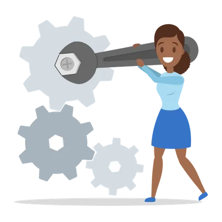 Businesswoman Standing At Big Gear Cog As Metaphor Of Work Idea Of Development And Progress Isolated Vector Illustration In Cartoon Style Illustration