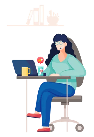Smiling Girl Sitting With A Laptop And Working In The Office Woman At Work Is Sick And Taking Medication Container With Pills Office Employee Freelance Woman Catch A Cold And Is Being Treated Illustration