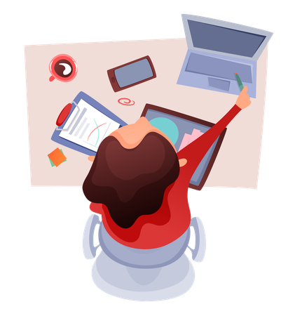 Businesswoman working at office desk  Illustration