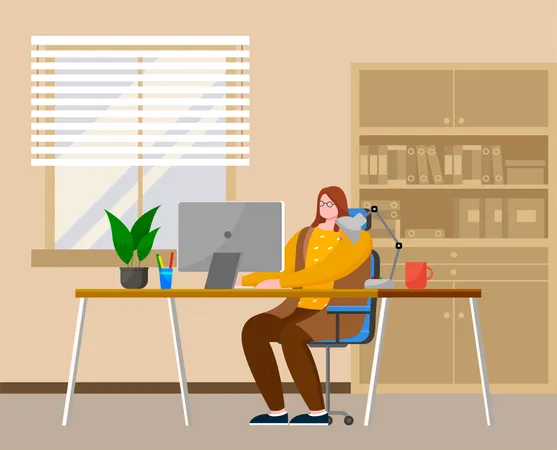 Businesswoman working at office workplace  Illustration