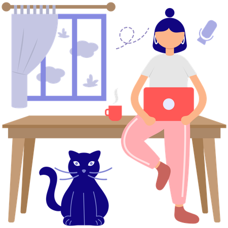 Businesswoman Working from Home with Cat  Illustration