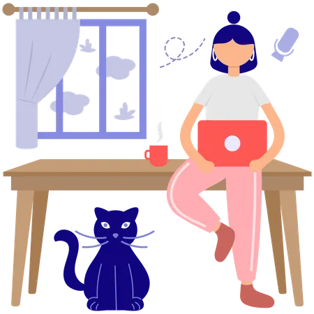 Businesswoman Working from Home with Cat  Illustration