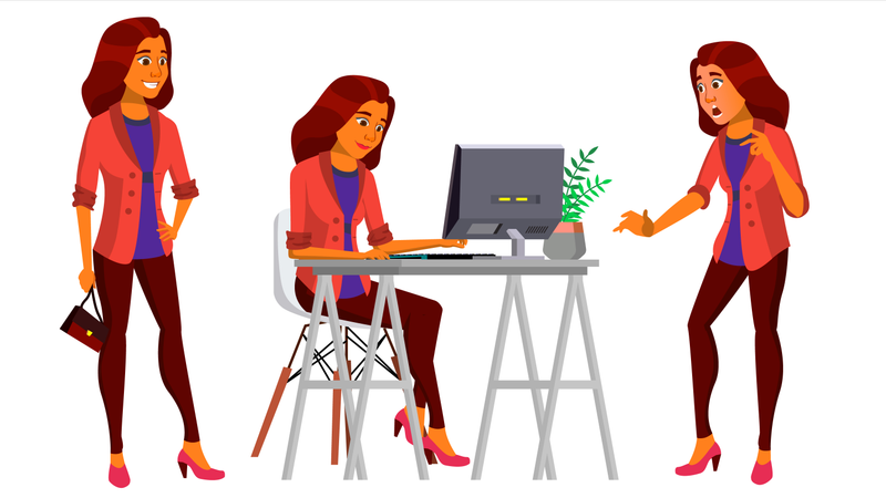 Businesswoman Working In Office With Different Gestures Illustration