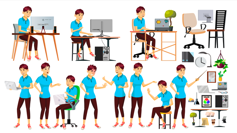 Businesswoman Working In Office With Different Gestures  Illustration