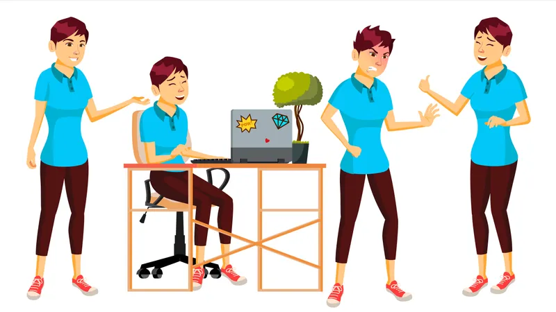 Businesswoman Working In Office With Different Gestures  Illustration