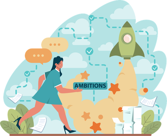 Businesswoman working on ambition launch  Illustration