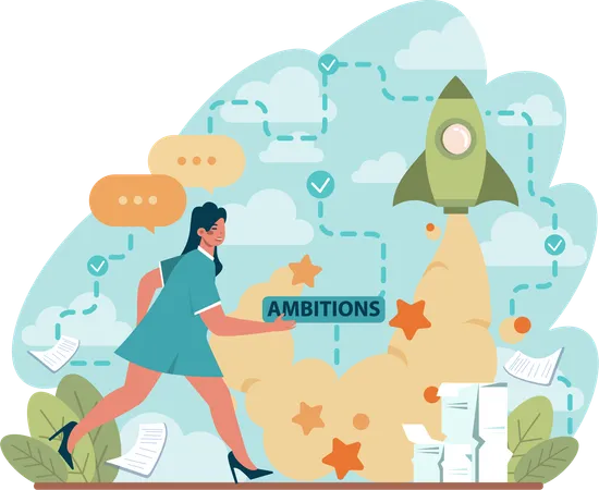 Businesswoman working on ambition launch  Illustration