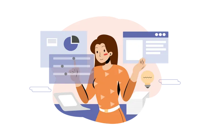 Businesswoman working on business plan in the office  Illustration