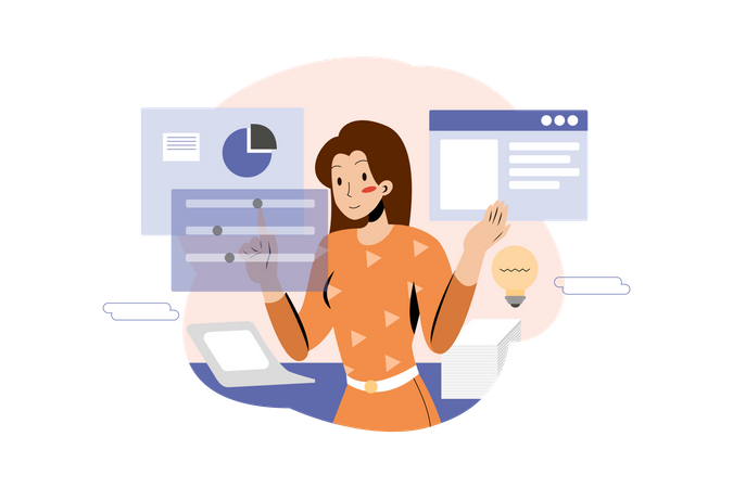 Businesswoman working on business plan in the office  Illustration