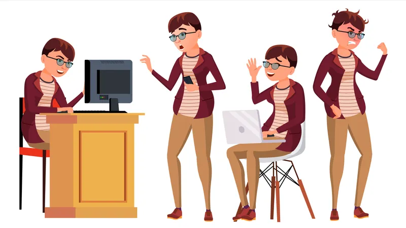 Businesswoman Working On Desk In Office With Different Gesture Illustration