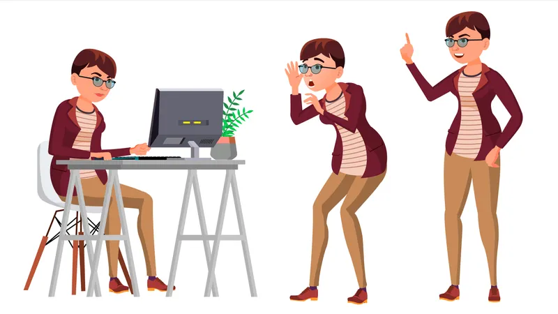 Businesswoman Working On Desk In Office With Different Gesture  Illustration