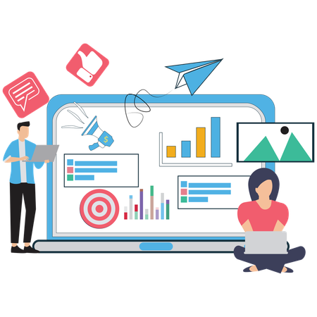 Businesswoman working on Digital Marketing Team Collaboration  Illustration