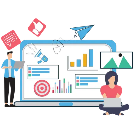 Businesswoman working on Digital Marketing Team Collaboration  Illustration