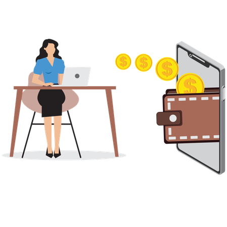 Businesswoman working on dollars on laptop  Illustration