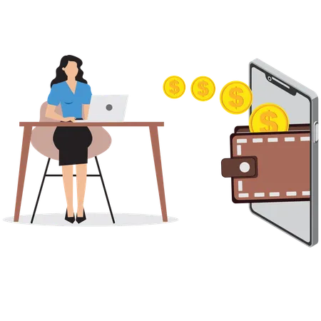 Businesswoman working on dollars on laptop  Illustration