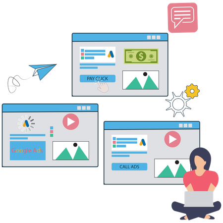 Businesswoman working on Google Ads Pay Per Click  Illustration
