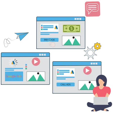 Businesswoman working on Google Ads Pay Per Click  Illustration