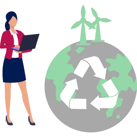 Businesswoman working on laptop about global recycle environment  Illustration