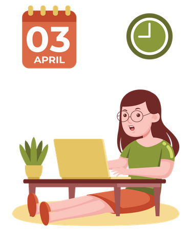 Businesswoman working on laptop on laptop desk with calendar and clock on wall  Illustration