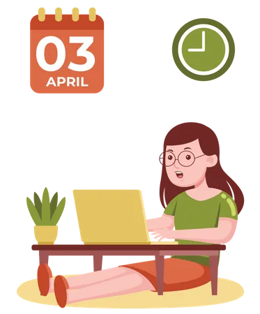 Businesswoman working on laptop on laptop desk with calendar and clock on wall Illustration