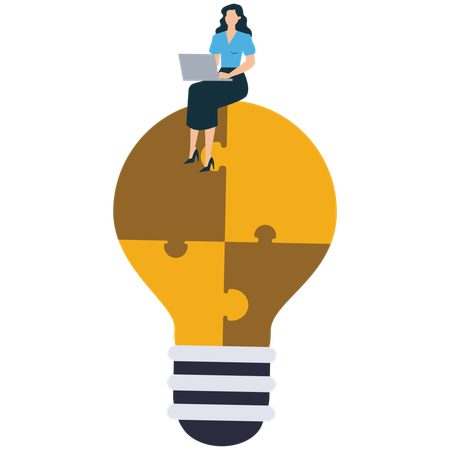 Businesswoman  working on laptop to solve puzzle  Illustration